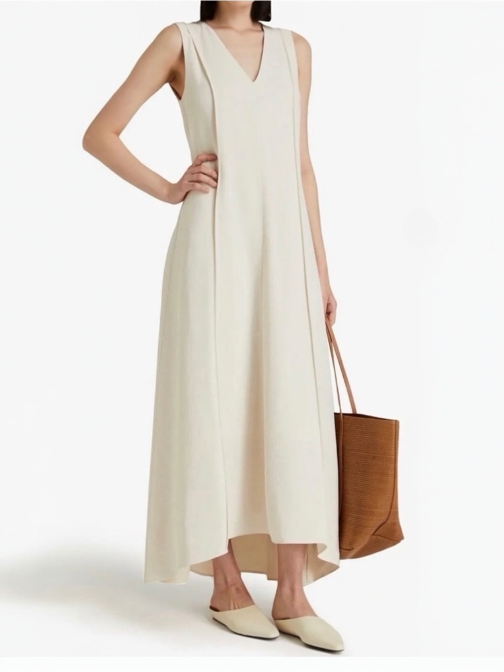 BRUNELLO CUCINELLI Darted Pleated Silk Crepe V Neck Sleeveless Shift Maxi Dress